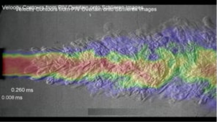 SImultaneous schlieren and PIV of a submerged water jet. With Professor Omer Savas in his Fluid Dynamics Lab at UC Berkeley
