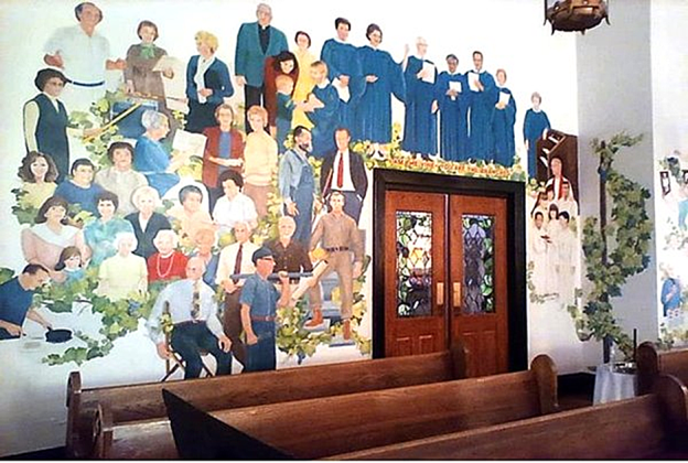 A church with a mural of people

AI-generated content may be incorrect.